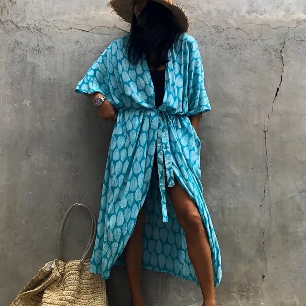 Palm Leaf Print Kimono with Removable Waist Tie ONE SIZE